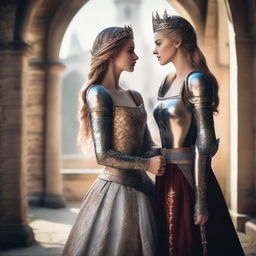 A beautiful princess and a fierce female warrior standing face to face in a majestic medieval setting