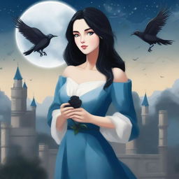 A beautiful woman with black hair and blue eyes is standing in a castle, holding an almost black rose