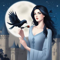 A beautiful woman with black hair and blue eyes is standing in a castle, holding an almost black rose