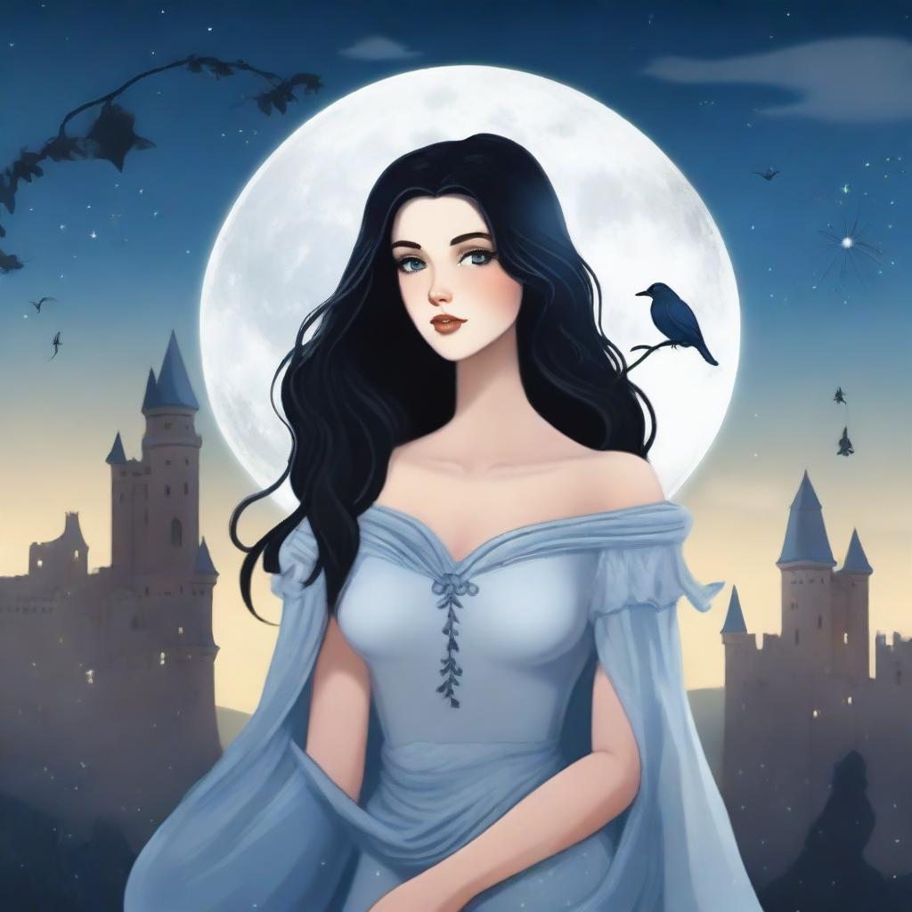 A beautiful woman with black hair and blue eyes is standing in a castle, holding an almost black rose