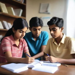 Three Indian teenagers are sitting together at a table, surrounded by books and notes, as they prepare for their civil exam