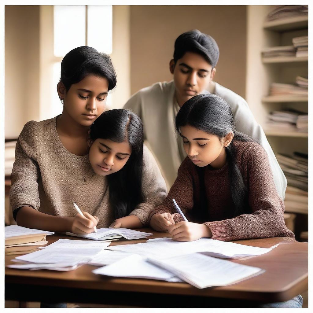 Three Indian teenagers are sitting together at a table, surrounded by books and notes, as they prepare for their civil exam