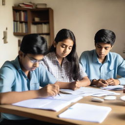 Three Indian teenagers are sitting together at a table, surrounded by books and notes, as they prepare for their civil exam