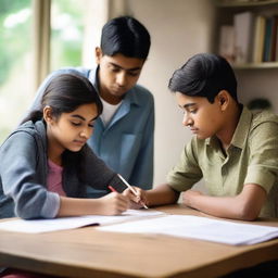 Three Indian teenagers are sitting together at a table, surrounded by books and notes, as they prepare for their civil exam