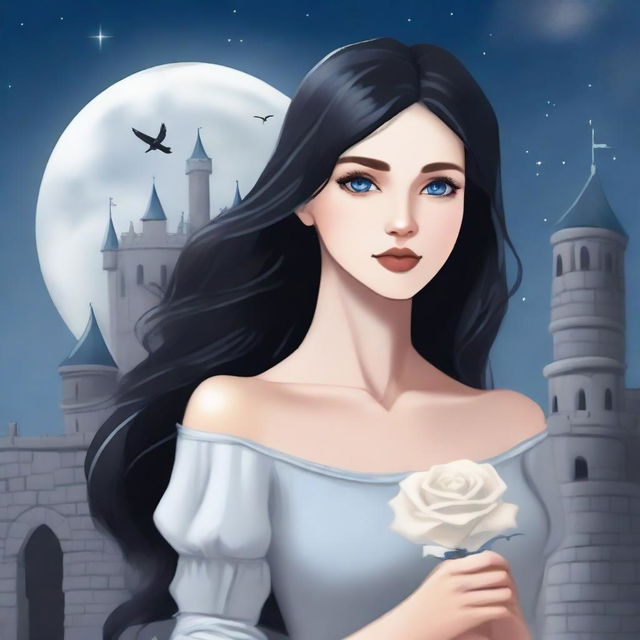 A beautiful woman with black hair and blue eyes is standing in a castle, holding an almost light gray rose