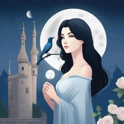 A beautiful woman with black hair and blue eyes is standing in a castle, holding an almost light gray rose