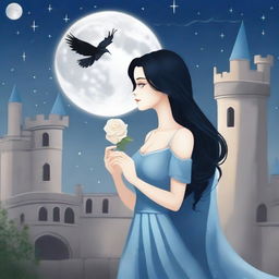 A beautiful woman with black hair and blue eyes is standing in a castle, holding an almost light gray rose