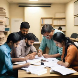 A group of Indian adults are gathered around a table, preparing for their civil exam