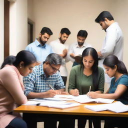 A group of Indian adults are gathered around a table, preparing for their civil exam