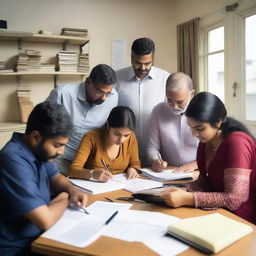 A group of Indian adults are gathered around a table, preparing for their civil exam