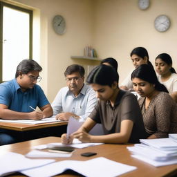 A group of Indian adults are gathered around a table, preparing for their civil exam