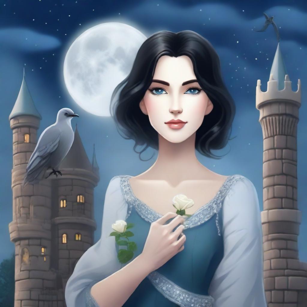 A beautiful woman with black hair and blue eyes is standing in a castle, holding an almost hail gray rose