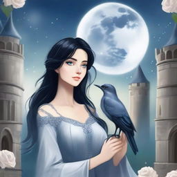 A beautiful woman with black hair and blue eyes is standing in a castle, holding an almost hail gray rose