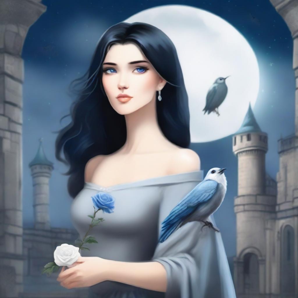 A beautiful woman with black hair and blue eyes is standing in a castle, holding an almost hail gray rose