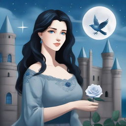 A beautiful woman with black hair and blue eyes is standing in a castle, holding an almost hail gray rose