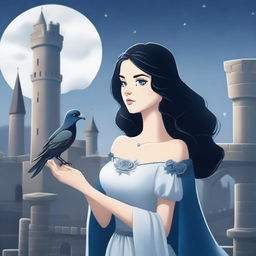 A beautiful woman with black hair and blue eyes is standing in a castle, holding an almost lead gray rose