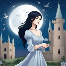 A beautiful woman with black hair and blue eyes is standing in a castle, holding an almost lead gray rose