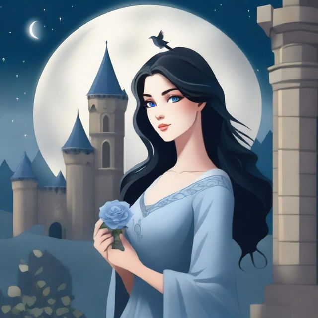 A beautiful woman with black hair and blue eyes is standing in a castle, holding an almost lead gray rose