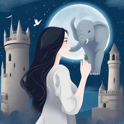 A beautiful woman with black hair and blue eyes is standing in a castle, holding an almost elephant gray rose