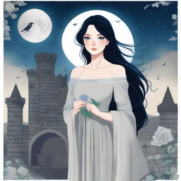 A beautiful woman with black hair and blue eyes is standing in a castle, holding an almost elephant gray rose