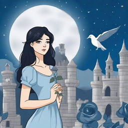 A beautiful woman with black hair and blue eyes is standing in a castle, holding an almost elephant gray rose