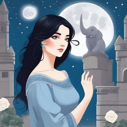 A beautiful woman with black hair and blue eyes is standing in a castle, holding an almost elephant gray rose