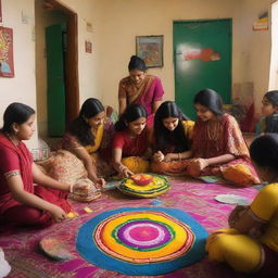 A vibrant and lively Indian dormitory scene, showcasing students in traditional attire, colorful decorations, and a warm, welcoming atmosphere