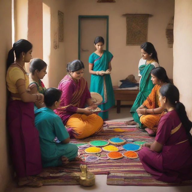 A vibrant and lively Indian dormitory scene, showcasing students in traditional attire, colorful decorations, and a warm, welcoming atmosphere