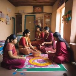 A vibrant and lively Indian dormitory scene, showcasing students in traditional attire, colorful decorations, and a warm, welcoming atmosphere