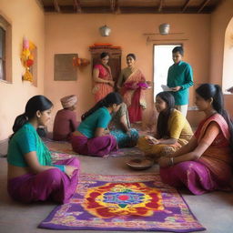 A vibrant and lively Indian dormitory scene, showcasing students in traditional attire, colorful decorations, and a warm, welcoming atmosphere