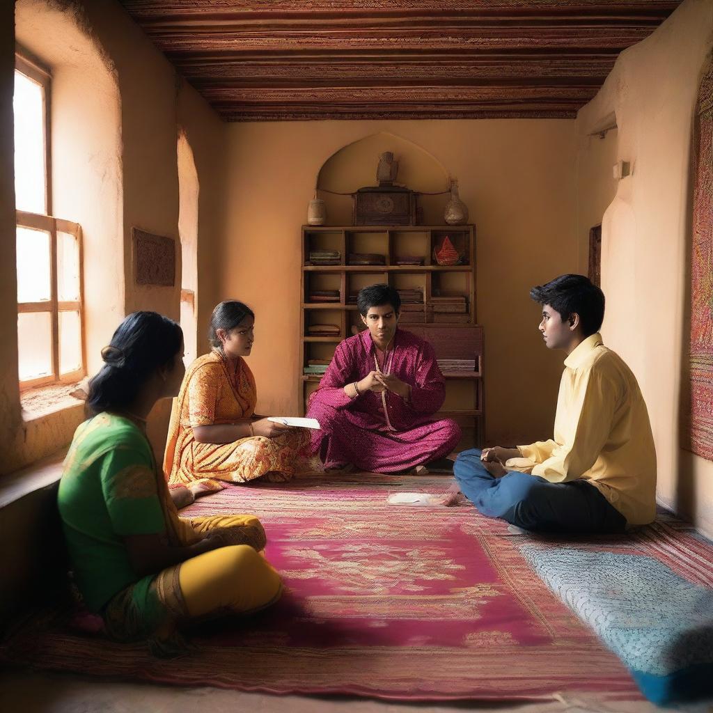 A dormitory scene featuring a mix of male and female students in a traditional Indian setting