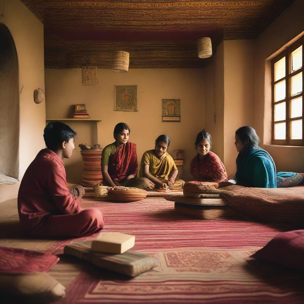 A dormitory scene featuring a mix of male and female students in a traditional Indian setting