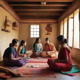 A dormitory scene featuring a mix of male and female students in a traditional Indian setting