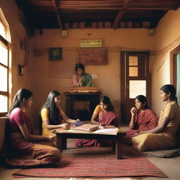 A dormitory scene featuring a mix of male and female students in a traditional Indian setting