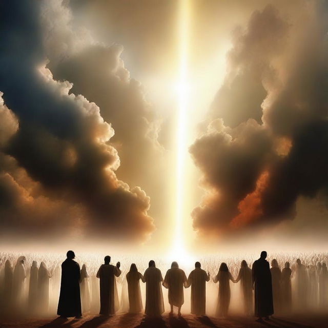 A breathtaking scene of the rapture, with people ascending towards a bright, heavenly fiery light in the sky