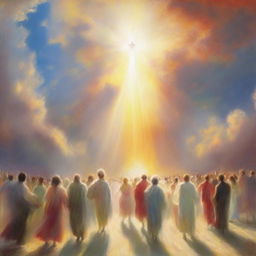 Create a breathtaking scene of the rapture, with people ascending towards a bright, fiery light in the sky