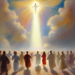 Create a breathtaking scene of the rapture, with people ascending towards a bright, fiery light in the sky