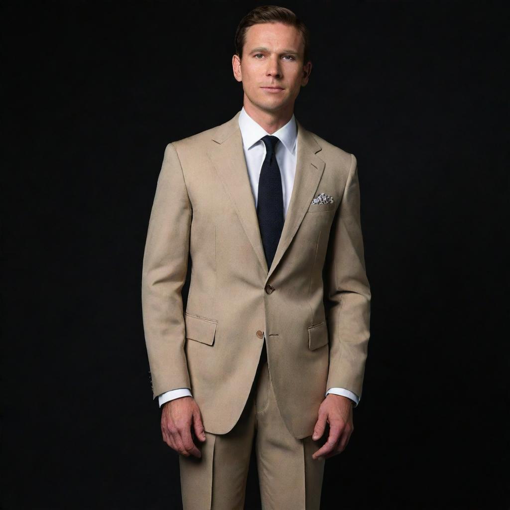 The same man, now dressed in an elegant, tailored khaki suit, standing boldly against a dark, pure black background