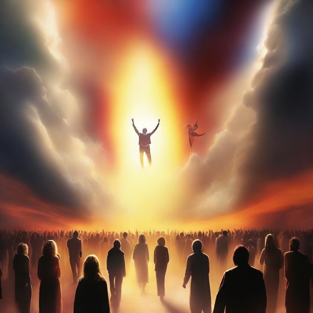 Create a breathtaking scene of the rapture, with people with bright faces ascending towards a bright, fiery light in the sky