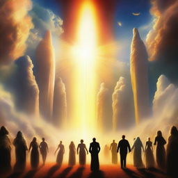 Create a breathtaking scene of the rapture, with people with bright faces ascending towards a bright, fiery light in the sky