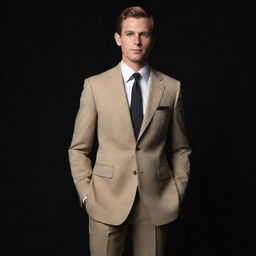 The same man, now dressed in an elegant, tailored khaki suit, standing boldly against a dark, pure black background