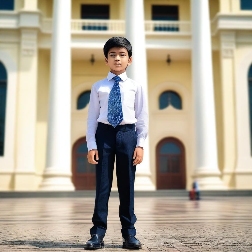 Create an image of a young boy standing confidently in front of a grand presidential palace