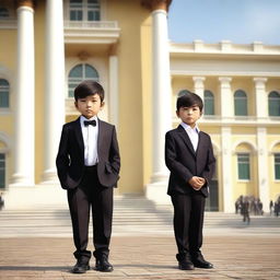 Create an image of a young boy standing confidently in front of a grand presidential palace