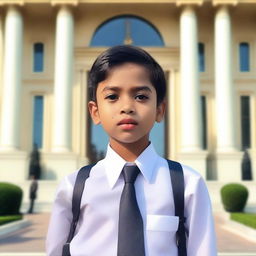 Create an image of a young boy standing confidently in front of a grand presidential palace