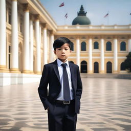 Create an image of a young boy standing confidently in front of a grand presidential palace