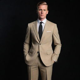 The same man, now dressed in an elegant, tailored khaki suit, standing boldly against a dark, pure black background