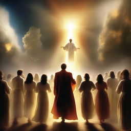 Create a breathtaking scene of the rapture, with people with bright faces ascending towards a bright, fiery light in the sky