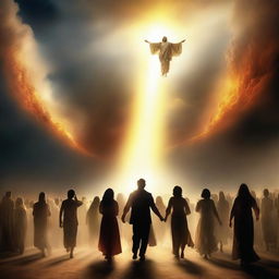 Create a breathtaking scene of the rapture, with people with bright faces ascending towards a bright, fiery light in the sky