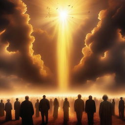 Create a breathtaking scene of the rapture, with people with bright faces ascending towards a bright, fiery amber light in the sky