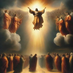 A breathtaking scene of the rapture, with people ascending towards a bright, fiery bright orange light in the sky, surrounded by clouds and a sense of divine presence